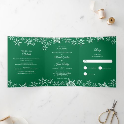 Elegant Snowflakes Green Christmas Winter Wedding Tri_Fold Invitation