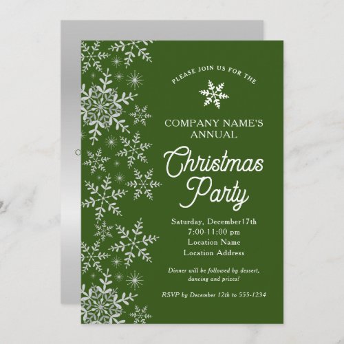 Elegant Snowflakes Green Company Christmas Party Invitation