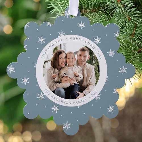 Elegant Snowflakes Ice Blue 2 Photo Holiday Ornament Card