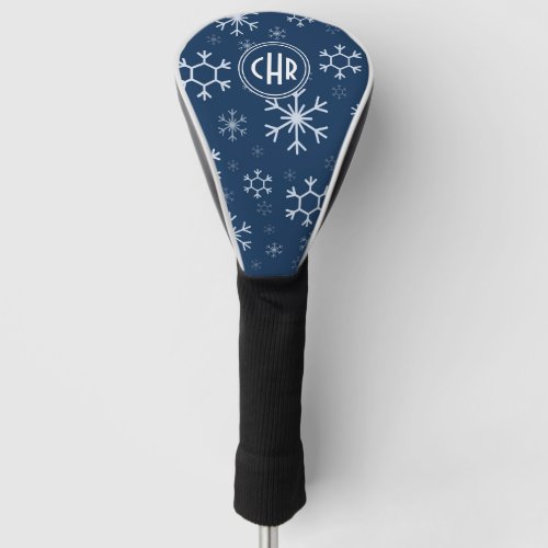Elegant Snowflakes in Navy Blue Background Golf Head Cover