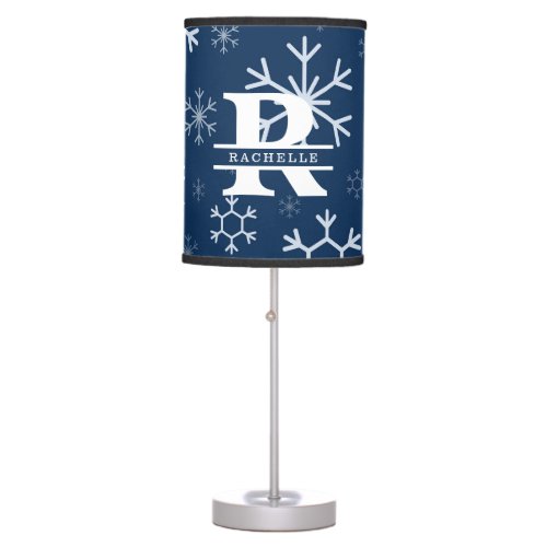 Elegant Snowflakes in Navy Blue Background Table Lamp