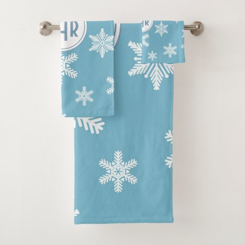 Elegant Snowflakes in Sky Blue Background Bath Towel Set