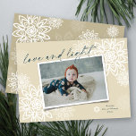 Elegant Snowflakes Love And Light Hanukkah Photo H Holiday Card<br><div class="desc">Elegant White Winter Snowflakes Flower 'Love And Light' In Handwriting Script, Hanukkah Photo Card. The handwriting script and background can be changed to any color of your choice. Designed / original artwork by fat*fa*tin. Easy to personalize with your own text message, name, year, photo, or image. More editing features are...</div>