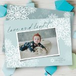 Elegant Snowflakes Love And Light Hanukkah Photo Holiday Card<br><div class="desc">Elegant White Winter Snowflakes Flower 'Love And Light' In Handwriting Script, Hanukkah Photo Card. The handwriting script and background can be changed to any color of your choice. Designed / original artwork by fat*fa*tin. Easy to personalize with your own text message, name, year, photo, or image. More editing features are...</div>