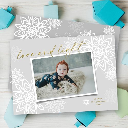 Elegant Snowflakes Love And Light Hanukkah Photo Holiday Card