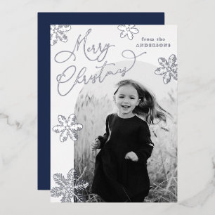 Elegant Snowflakes Merry Christmas 2 Photo Silver Foil Holiday Card