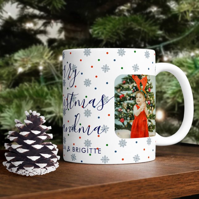 Elegant Snowflakes Merry Christmas photo Coffee Mug (Christmas photo mug with snowflakes and custom text)