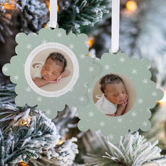 Elegant Snowflakes Mint Baby's First Christmas Ornament Card (Creator Uploaded)
