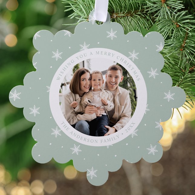 Elegant Snowflakes Mint Green 2 Photo Holiday Ornament Card (Creator Uploaded)