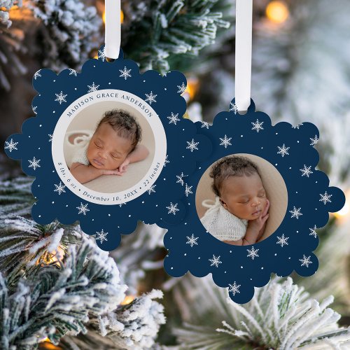 Elegant Snowflakes Navy Babys First Christmas Ornament Card