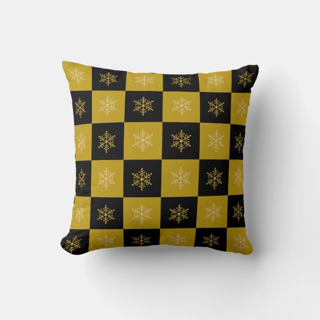 Elegant Snowflakes on Golden & Black Throw Pillow (Front)
