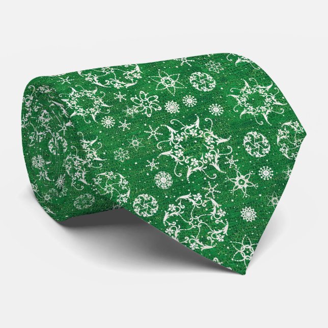 Elegant Snowflakes on Green Holiday Neck Tie (Rolled)