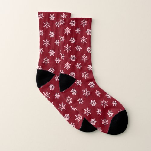 Elegant Snowflakes on Maroon Socks