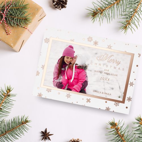 Elegant Snowflakes Photo Frame Christmas Rose Gold Foil Holiday Card