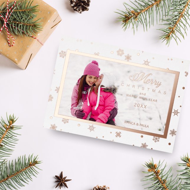 Elegant Snowflakes Photo Frame Christmas Rose Gold Foil Holiday Card (Creator Uploaded)