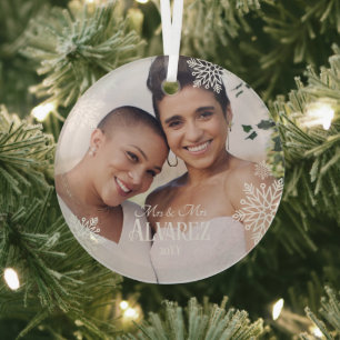 Elegant Snowflakes Photo Mrs & Mrs 1st Christmas Glass Ornament