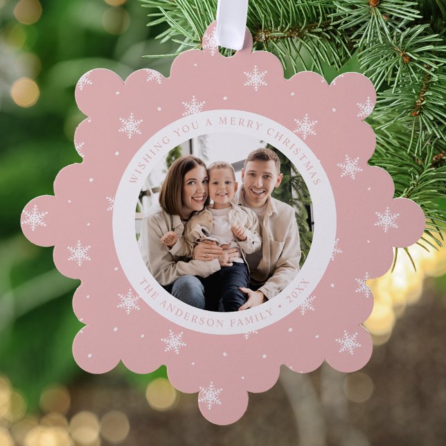 Elegant Snowflakes Pink 2 Photo Holiday Ornament Card (Creator Uploaded)