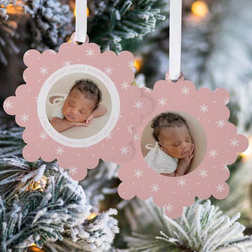 Elegant Snowflakes Pink Babys First Christmas Ornament Card