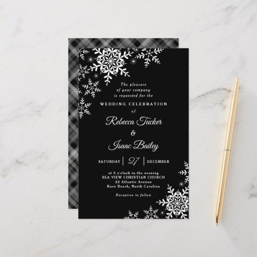 Elegant Snowflakes Plaid Black Wedding Invitation