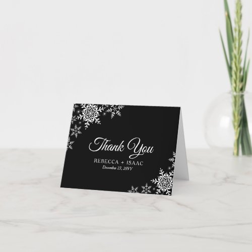 Elegant Snowflakes Plaid Black Wedding Thank You Card