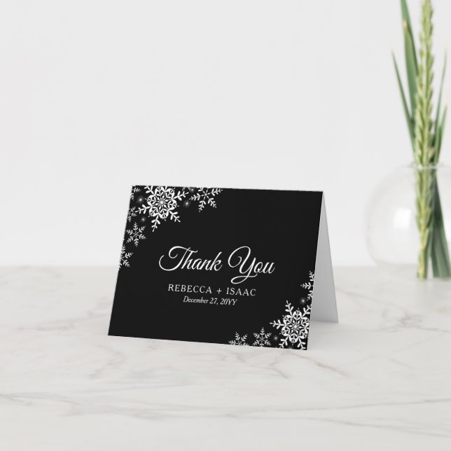 Elegant Snowflakes Plaid Black Wedding Thank You Card (Front)