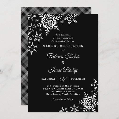Elegant Snowflakes Plaid Black  White Wedding Invitation