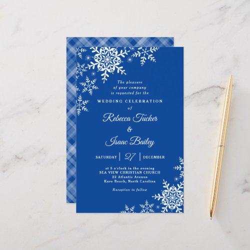Elegant Snowflakes Plaid Blue Wedding Invitation