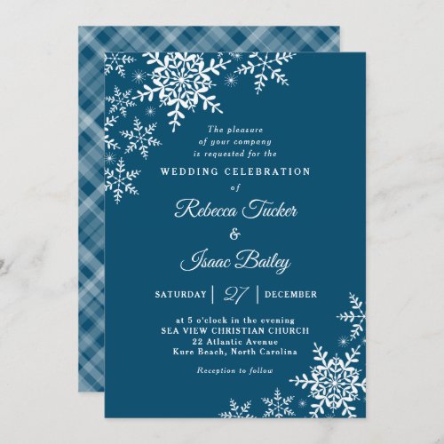 Elegant Snowflakes Plaid Dark Blue Wedding Invitation
