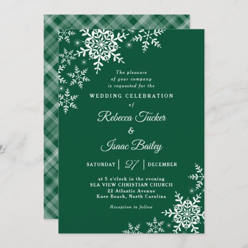 Elegant Snowflakes Plaid Dark Green Wedding Invitation