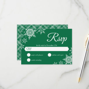 Elegant Snowflakes Plaid Dark Green Wedding RSVP