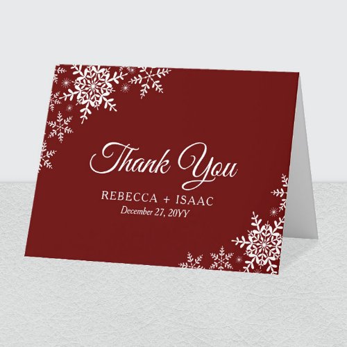 Elegant Snowflakes Plaid Dark Red Wedding Thank You Card