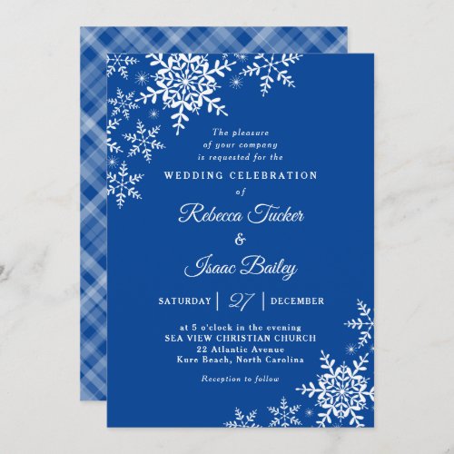 Elegant Snowflakes Plaid Deep Blue Wedding Invitation