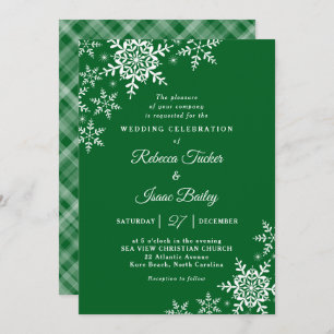 Elegant Snowflakes Plaid Forest Green Wedding Invitation