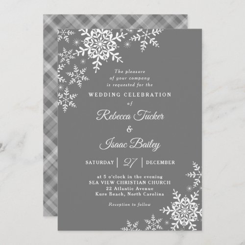 Elegant Snowflakes Plaid Gray  White Wedding Invitation