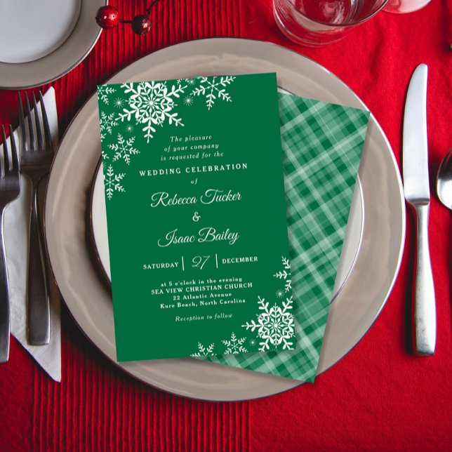 Elegant Snowflakes Plaid Green Wedding Invitation (Creator Uploaded)