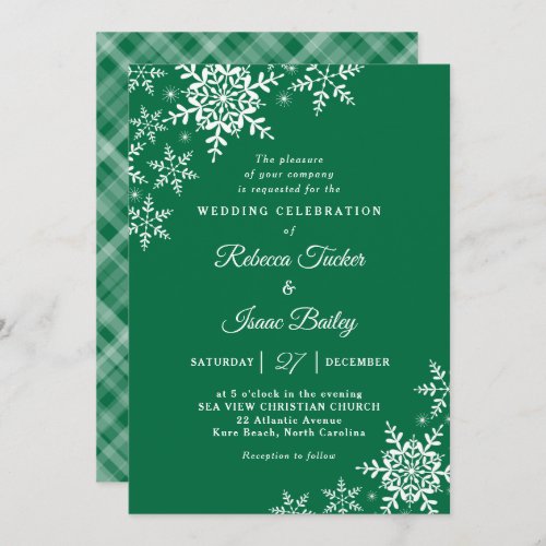 Elegant Snowflakes Plaid Green Wedding Invitation