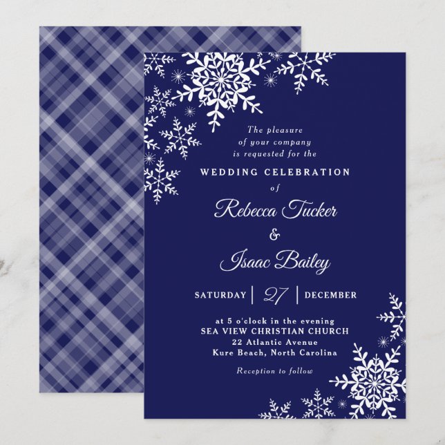 Elegant Snowflakes Plaid Navy Blue Wedding Invitation (Front/Back)
