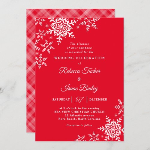 Elegant Snowflakes Plaid Red Christmas Wedding Invitation