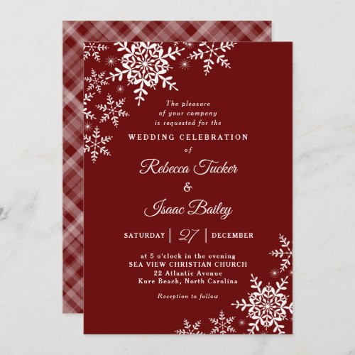 Elegant Snowflakes Plaid Red Wedding Invitation