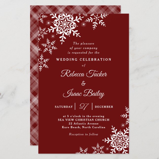 Elegant Snowflakes Plaid Red Wedding Invitation (Front/Back)