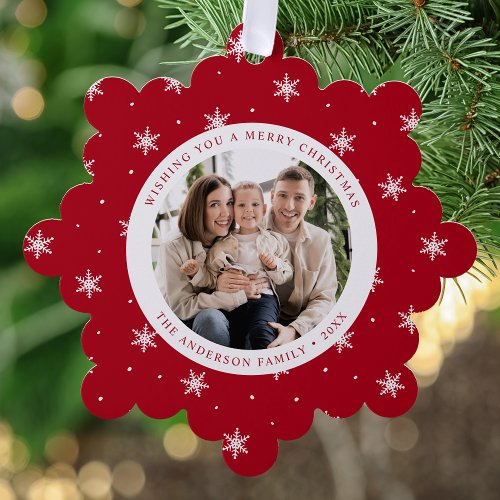 Elegant Snowflakes Red 2 Photo Holiday Ornament Card