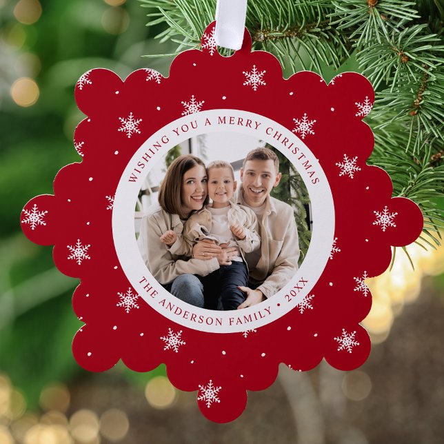 Elegant Snowflakes Red 2 Photo Holiday Ornament Card (Creator Uploaded)