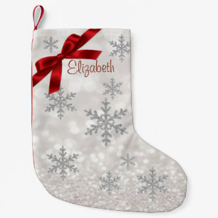 Elegant Snowflakes,Red Bow,Glittery -Personalized Small Christmas Stocking