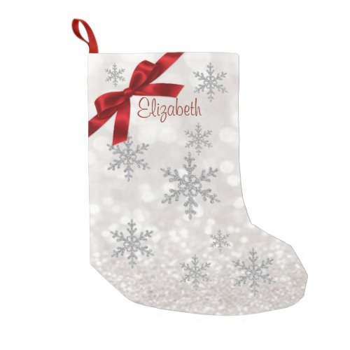 Elegant SnowflakesRed BowGlittery _Personalized Small Christmas Stocking