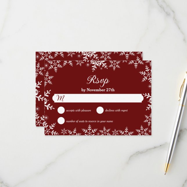 Elegant Snowflakes Red Christmas Winter Wedding RSVP Card (Front/Back In Situ)