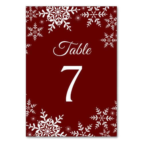Elegant Snowflakes Red Christmas Winter Wedding Table Number