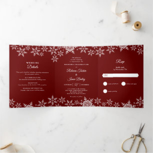 Elegant Snowflakes Red Christmas Winter Wedding Tri-Fold Invitation