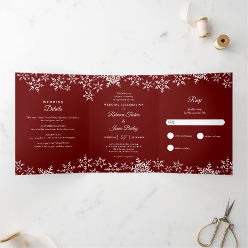 Elegant Snowflakes Red Christmas Winter Wedding Tri_Fold Invitation