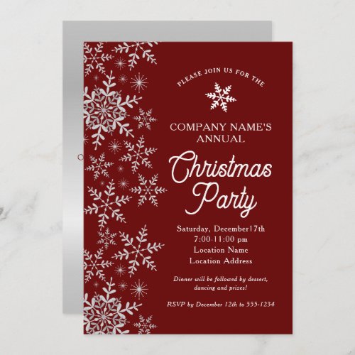 Elegant Snowflakes Red Company Christmas Party Invitation