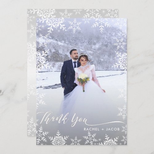Elegant Snowflakes  Script 2_Photo Winter Wedding Thank You Card